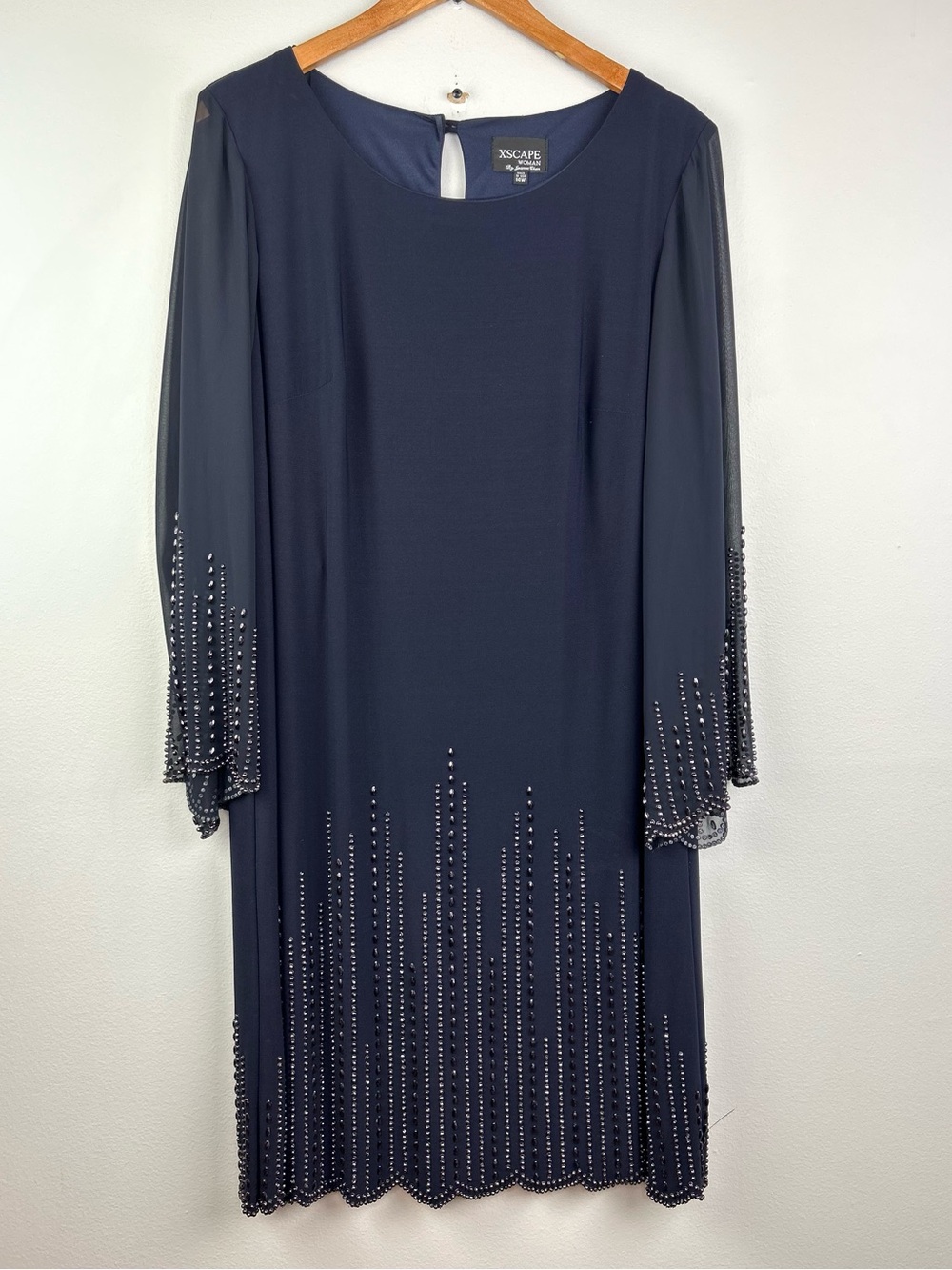 Xscape Navy Beaded Dress with Sheer Sleeves scalloped hem women’s size 14W